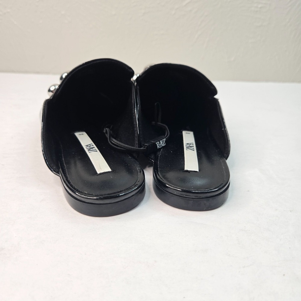 Zara Square Toe Mule Shoes Size 6 Patent Leather Studded Slip On Preppy Loafers - Picture 5 of 12